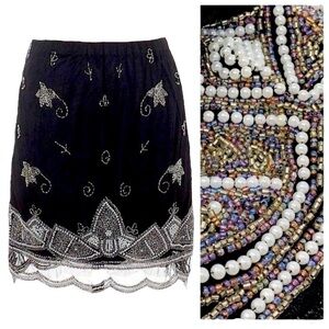 Mieeion Black Hand Beaded Intricate Boho Floral Mini Skirt Size S NWT